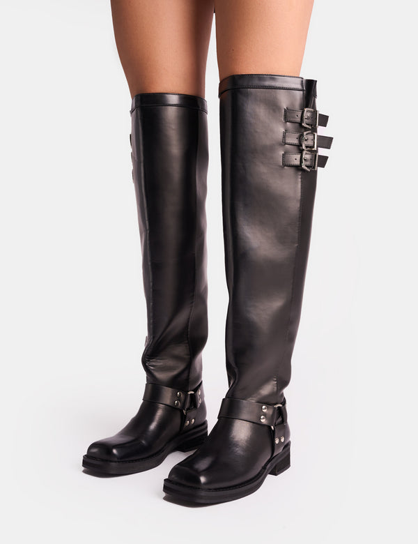 Public Desire Sagittarius Vintage Black Buckle Detail Over The Knee Boots