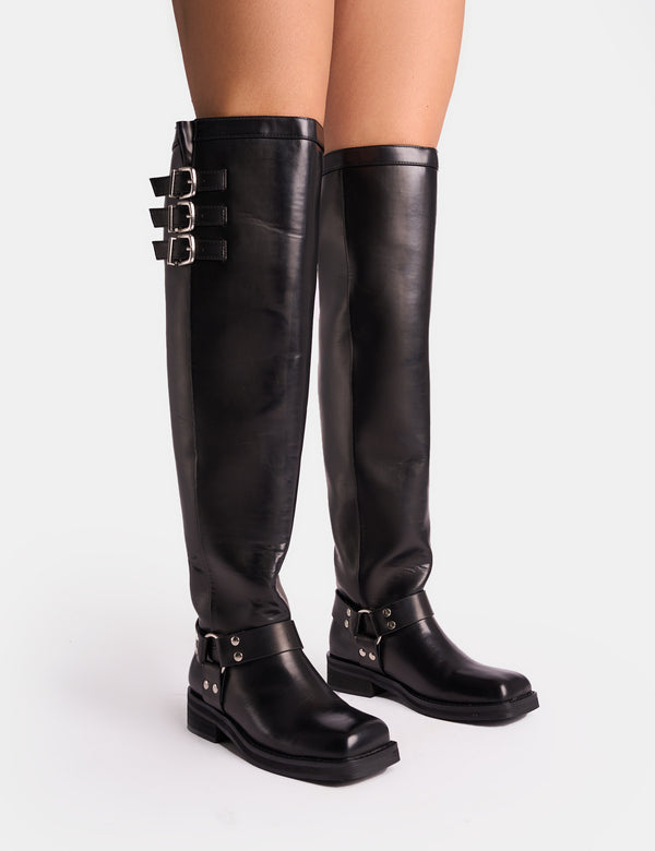public desire Sagittarius Vintage Black Buckle Detail Over The Knee Boots
