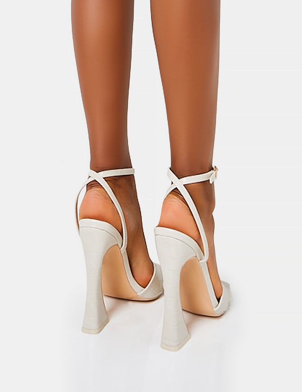 Public Desire Saintly Ecru Croc Wrap Around The Ankle Barley There Square Toe Flared Block High Heels