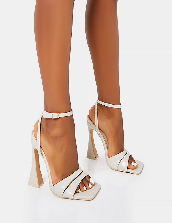 public desire Saintly Ecru Croc Wrap Around the Ankle Barley There Square Toe Flared Block High Heels