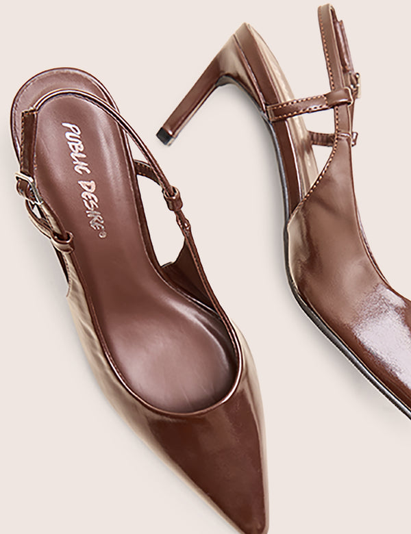 Public Desire Salsa Chocolate Sling Back Pointed Toe Heels