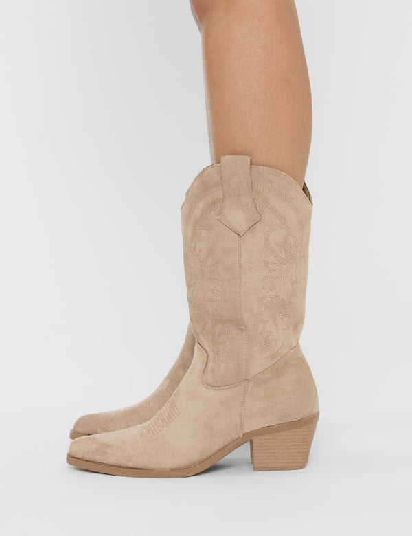 Public Desire Sandy Beige Suedette Western Cowboy Ankle Boots