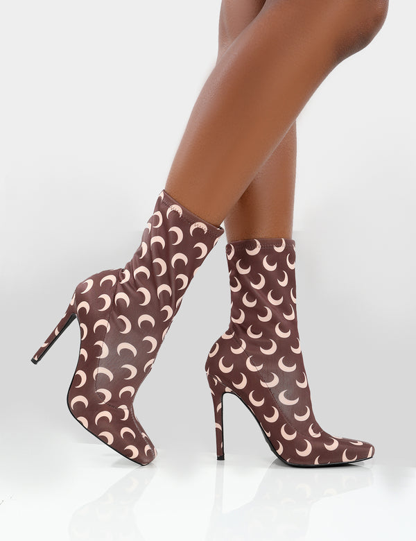 Public Desire Saturn Return Wide Fit Brown Pointed Toe Stiletto Printed Sock Boots