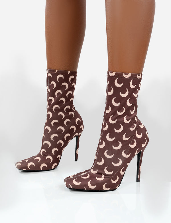 Public Desire Saturn Return Wide Fit Brown Pointed Toe Stiletto Printed Sock Boots