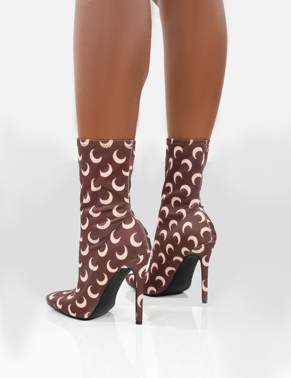 Public Desire Saturn Return Wide Fit Brown Pointed Toe Stiletto Printed Sock Boots