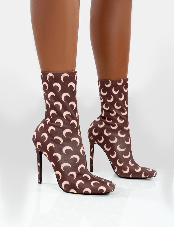 public desire Saturn Return Wide Fit Brown Pointed Toe Stiletto Printed Sock Boots