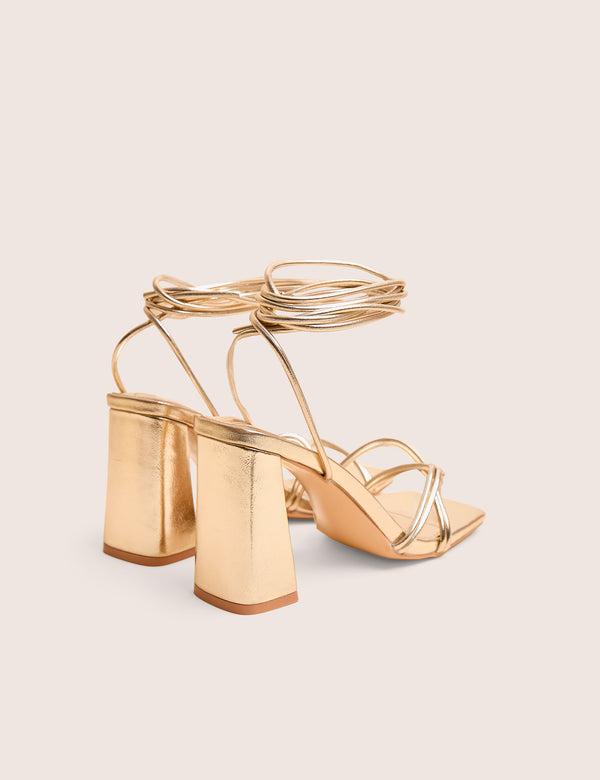 Public Desire Schiffer Gold Cracked Pu Lace Up Block Heels