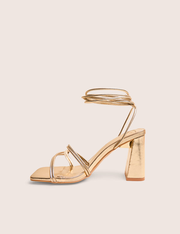 public desire Schiffer Gold Cracked Pu Lace Up Block Heels