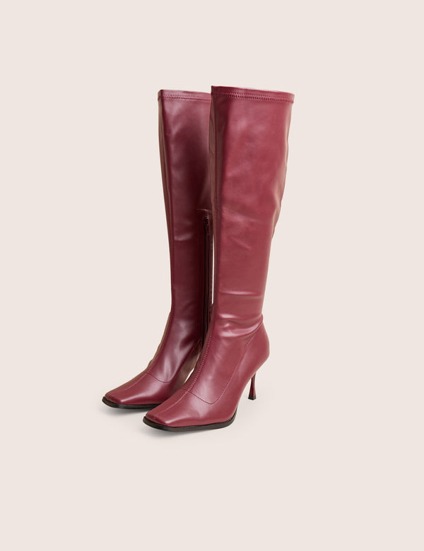 Public Desire Scorpion Burgundy Mid Heel Sock Knee High Boots