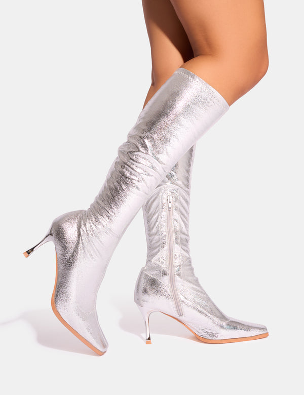 Public Desire Scorpion Cracked Silver Mid Heel Sock Knee High Boots