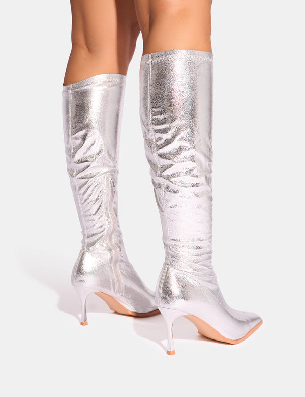 Public Desire Scorpion Cracked Silver Mid Heel Sock Knee High Boots
