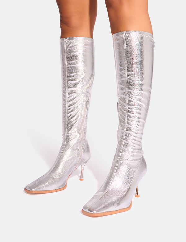 Public Desire Scorpion Cracked Silver Mid Heel Sock Knee High Boots