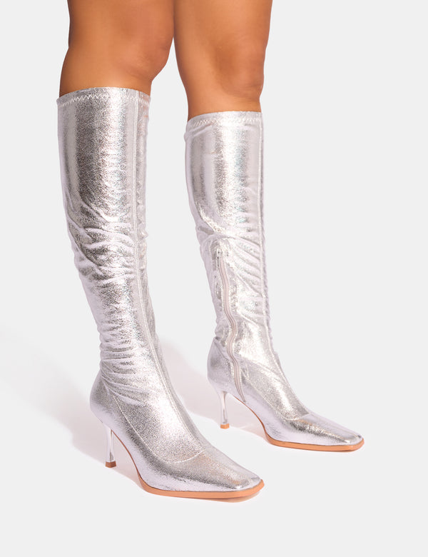 public desire Scorpion Cracked Silver Mid Heel Sock Knee High Boots