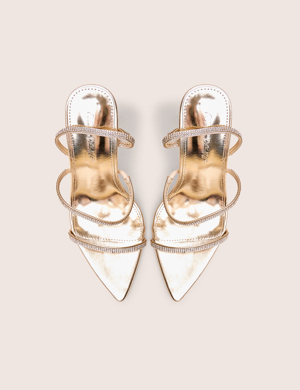 Public Desire Seductive Gold Mirror Pu Diamante Strap Pointed Toe Stiletto High Heels