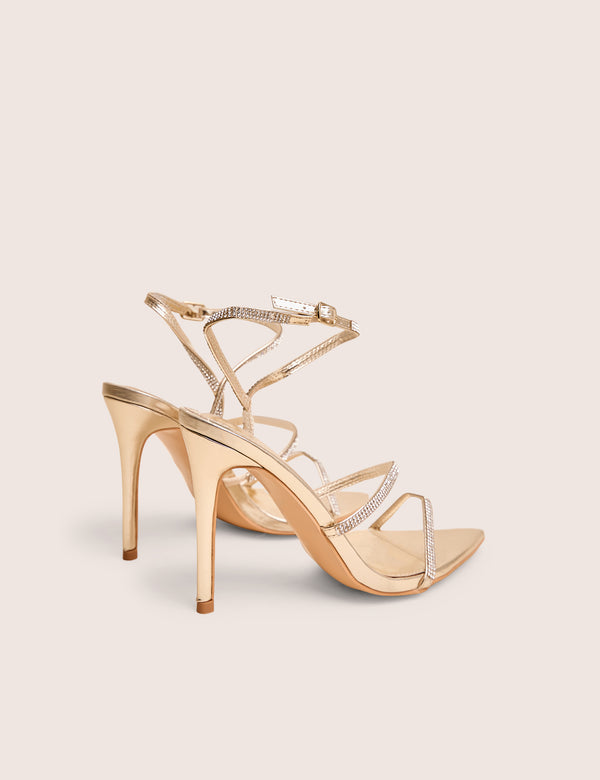 Public Desire Seductive Gold Mirror Pu Diamante Strap Pointed Toe Stiletto High Heels