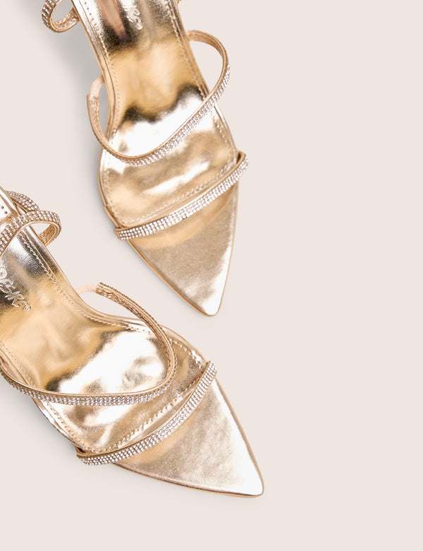 Public Desire Seductive Gold Mirror Pu Diamante Strap Pointed Toe Stiletto High Heels