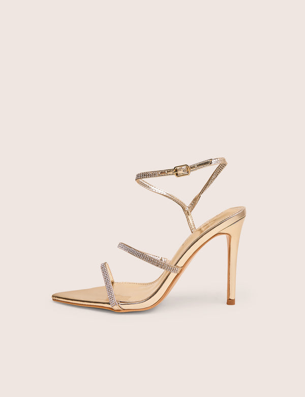 public desire Seductive Gold Mirror Pu Diamante Strap Pointed Toe Stiletto High Heels