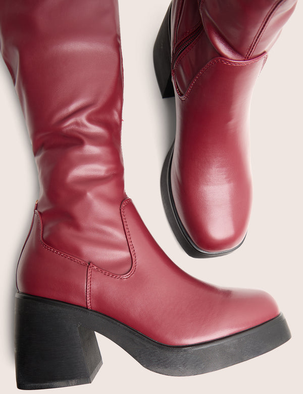 Public Desire Sensored Burgundy Chunky Sole Sock Over The Knee Boots