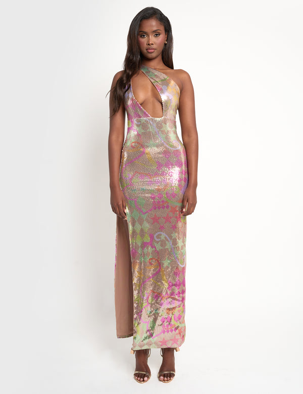 public desire Sequin Printed Asymmetric Maxi Dress Multi