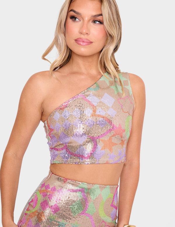 Public Desire Sequin Printed One Shoulder Top Multi