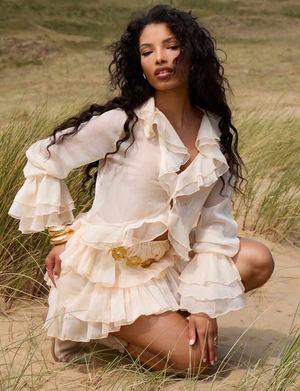 Public Desire Sheer Ruffled Long Sleeve Crop Top Stone