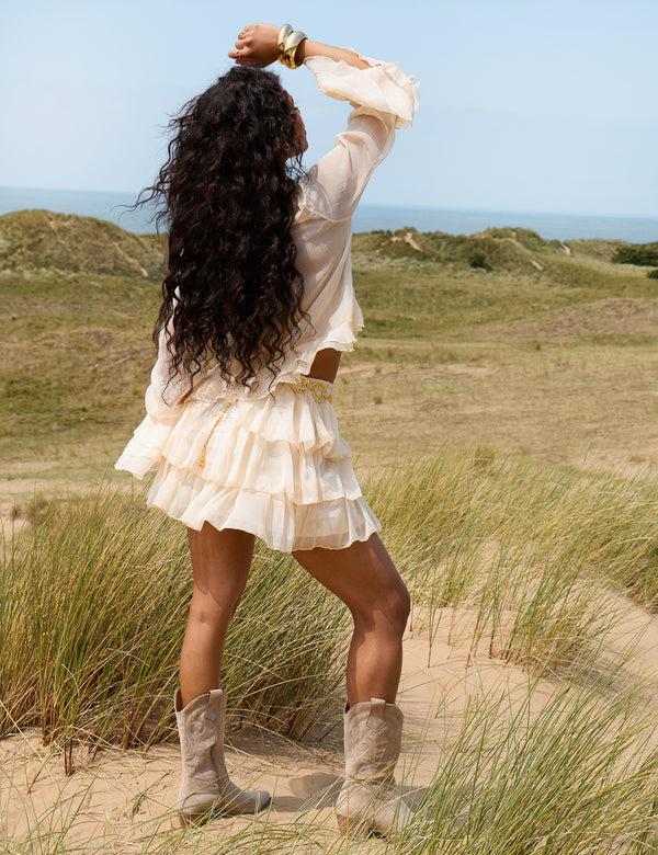 Public Desire Sheer Ruffled Long Sleeve Crop Top Stone