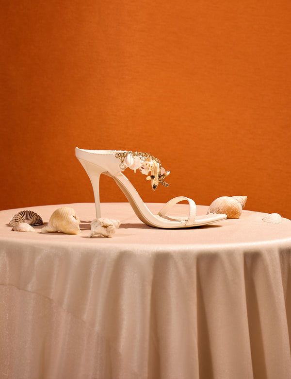 Public Desire Shellie Cream Pu Under The Sea Trim Double Strap Mule Stiletto High Heels