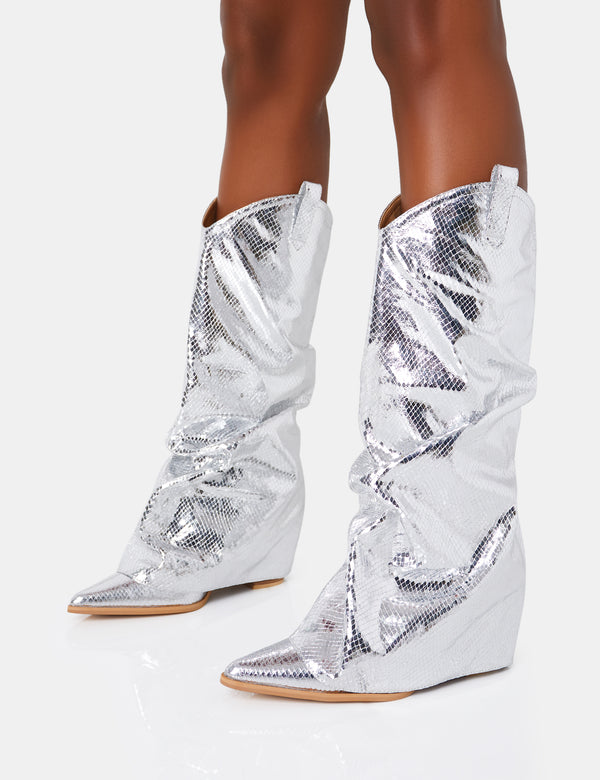 Public Desire Sheriff Silver Metallic Western Fold Over Block Cowboy Knee High Boots