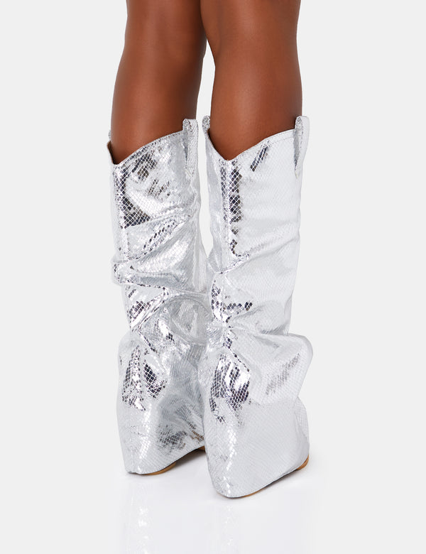 Public Desire Sheriff Silver Metallic Western Fold Over Block Cowboy Knee High Boots