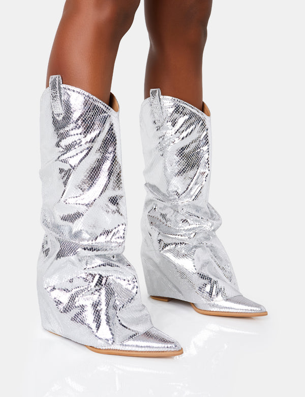 public desire Sheriff Silver Metallic Western Fold Over Block Cowboy Knee High Boots