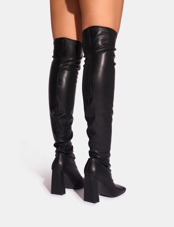 Public Desire Showoff Black Pu Block Heel Over The Knee Boot
