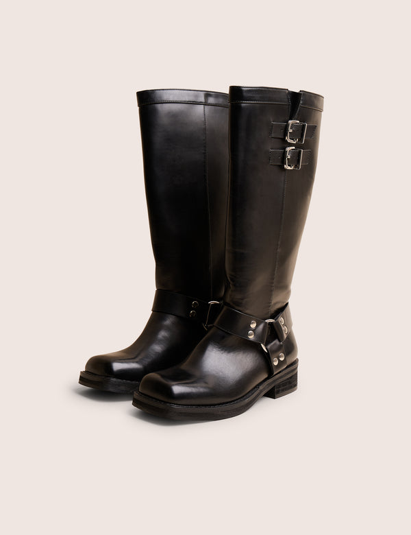 Public Desire Sirius Black Vintage Buckle Knee Hight Flat Boots