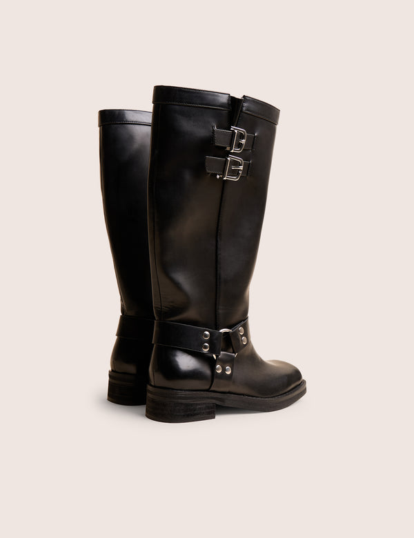 Public Desire Sirius Black Vintage Buckle Knee Hight Flat Boots