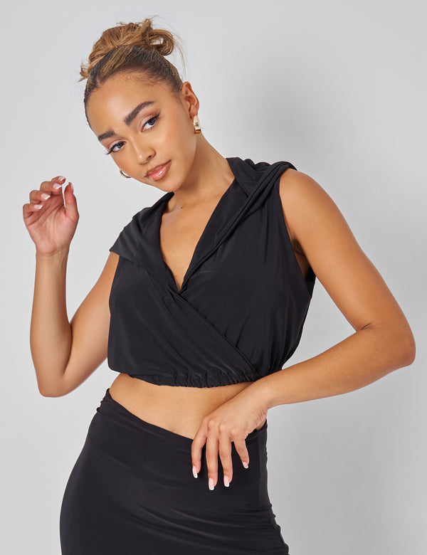 Public Desire Sleeveless Wrap Front Top With Hood Black