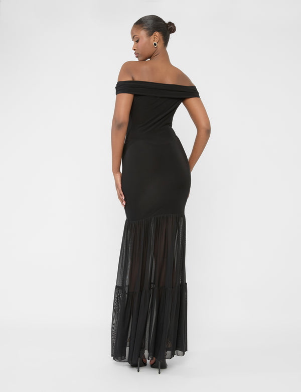 Public Desire Slinky Bardot Fold Over Mesh Hem Maxi Dress Black