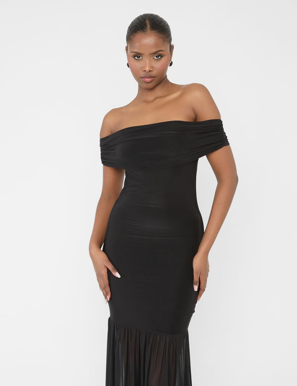 Public Desire Slinky Bardot Fold Over Mesh Hem Maxi Dress Black