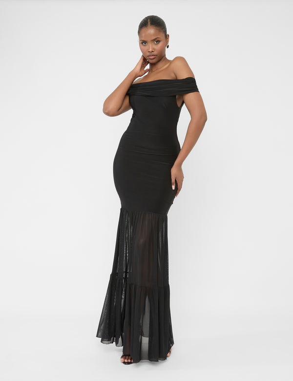 Public Desire Slinky Bardot Fold Over Mesh Hem Maxi Dress Black