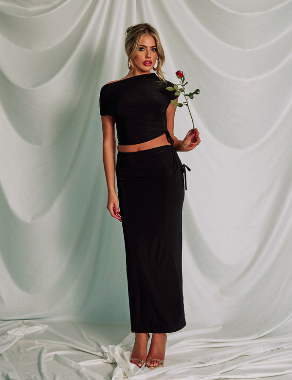public desire Slinky Foldover Ruched Maxi Skirt Black