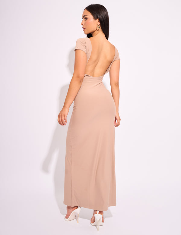 Public Desire Slinky Open Back Detail Luxe Maxi Dress Stone