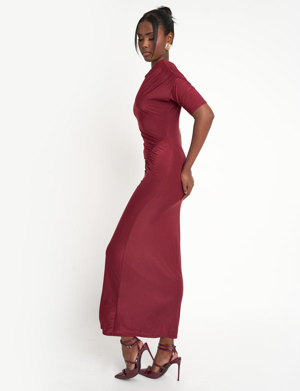 Public Desire Slinky Ruched Detail Maxi Dress Burgundy