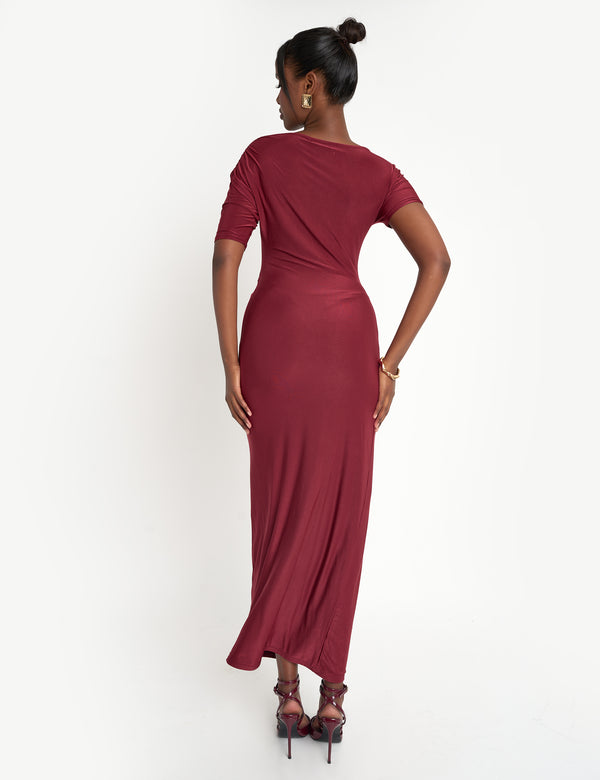 Public Desire Slinky Ruched Detail Maxi Dress Burgundy