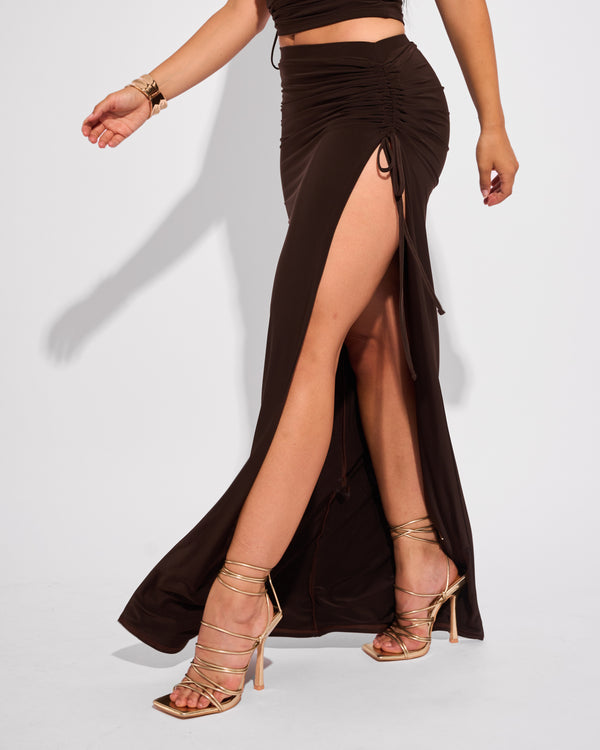 Public Desire Slinky Ruched Detail Split Maxi Skirt Chocolate