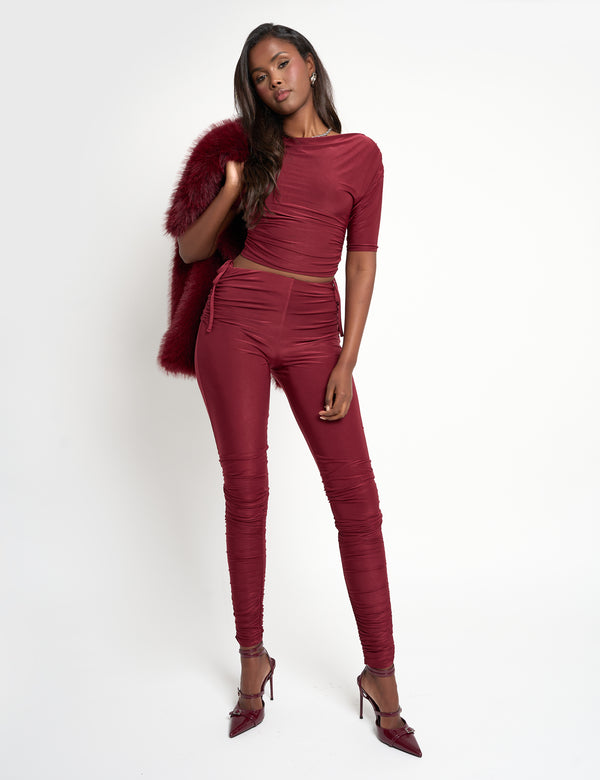 Public Desire Slinky Ruched Short Sleeve Top Co Ord Burgundy
