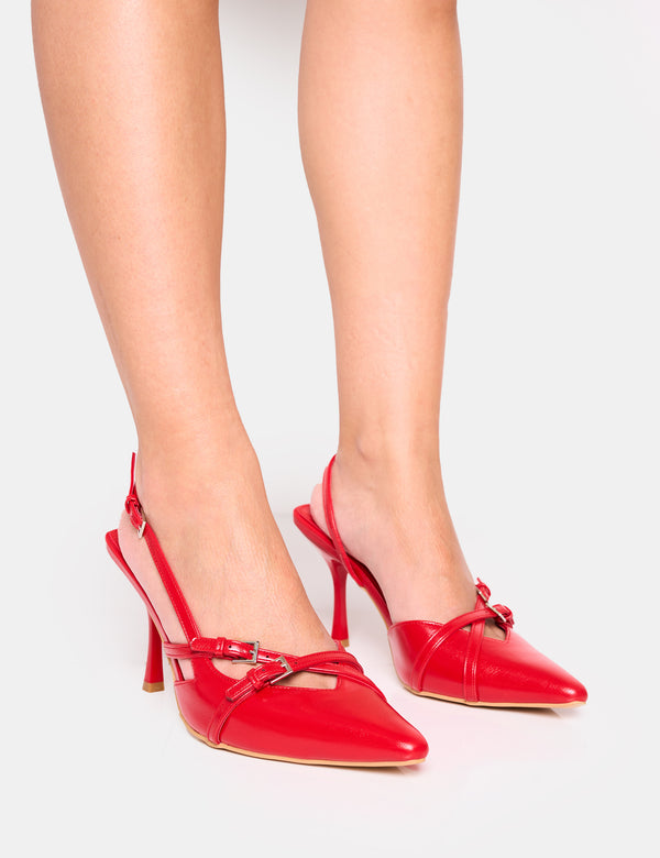 public desire Smooch Wide Fit Red Buckle Detail Slingback Mid Heel Court Shoe
