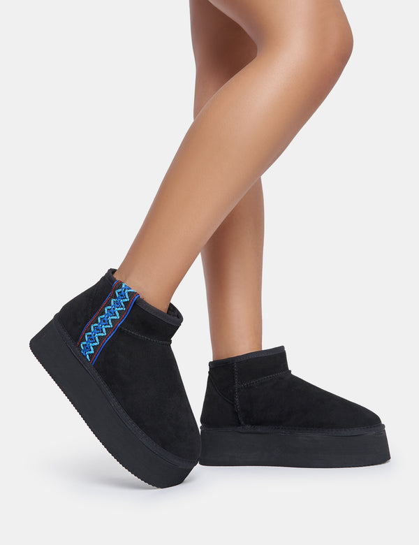 Public Desire Snowfall Black Faux Suede Aztec Trim Ultra Mini Ankle Platform Boots
