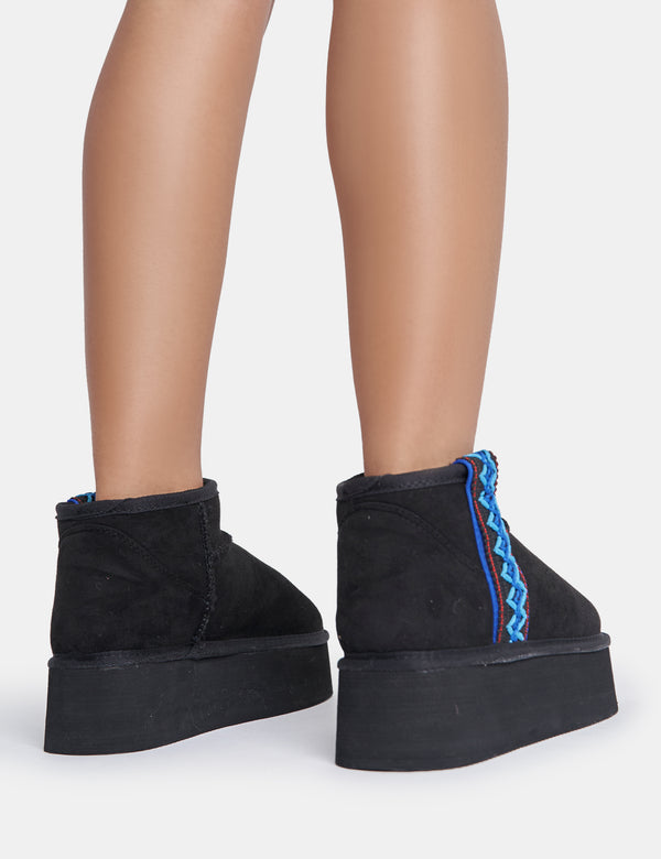 Public Desire Snowfall Black Faux Suede Aztec Trim Ultra Mini Ankle Platform Boots