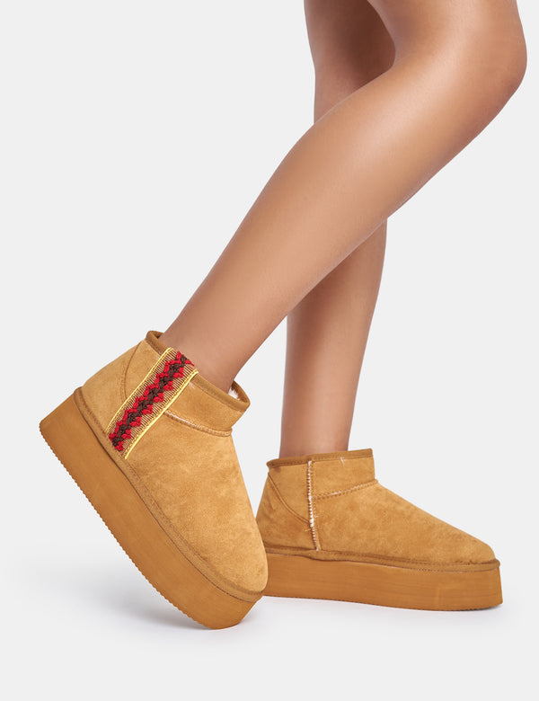 Public Desire Snowfall Light Chestnut Faux Suede Ultra Mini Ankle Platform Boots