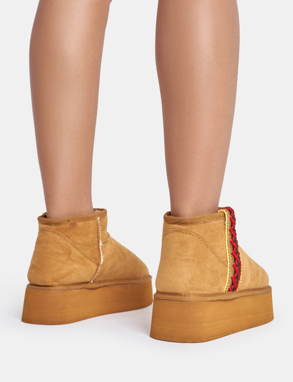 Public Desire Snowfall Light Chestnut Faux Suede Ultra Mini Ankle Platform Boots