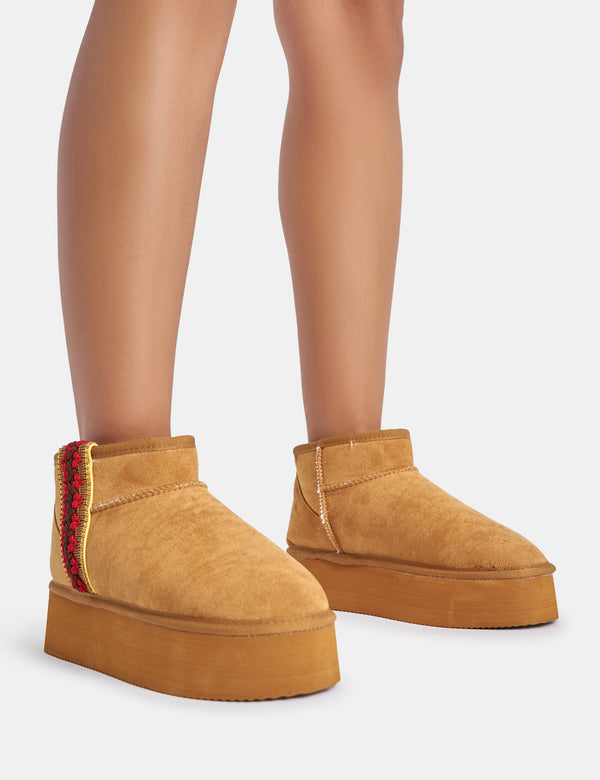 public desire Snowfall Light Chestnut Faux Suede Ultra Mini Ankle Platform Boots