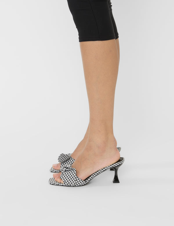 Public Desire Soleil Black Gingham Bow Mule Square Toe Mid Heels